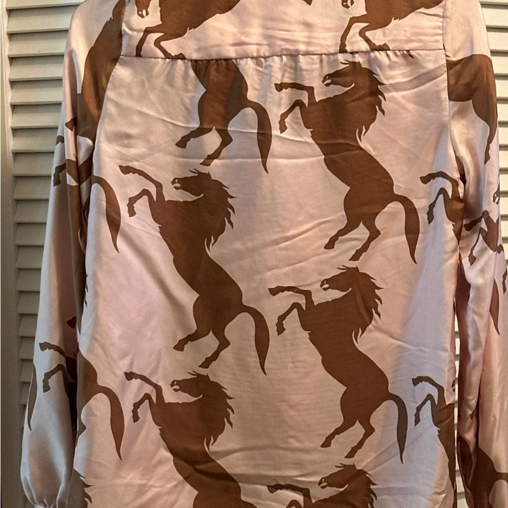 100% Silk Horse Print Long Sleeve Shirt Pink + Brown | Y2K Designer - Picture 6 of 12